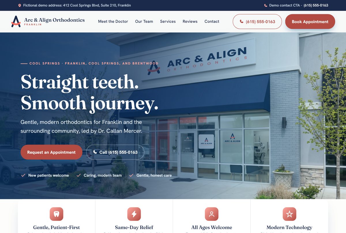 Arc and Align Orthodontics demo website homepage